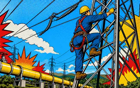 NiSource Inc. US65473P1057 dargestellt als Pop-Art-Comic mit Techniker an Strommast über Gaspipeline - Foto: THN