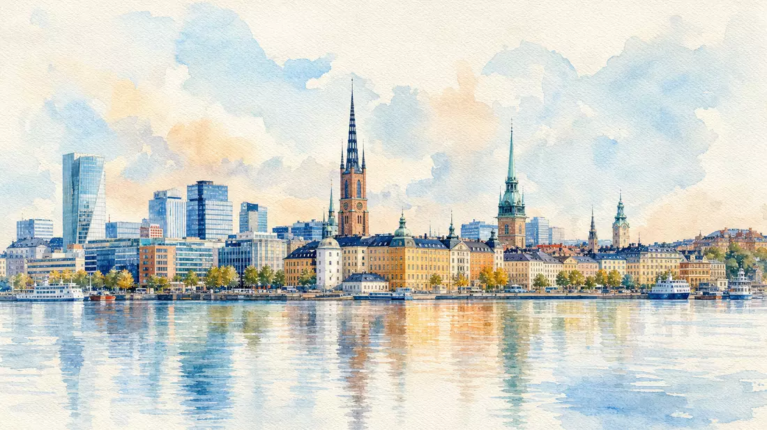 Aquarellbild einer nordischen Stadtsilhouette mit Bürogebäuden am Wasser