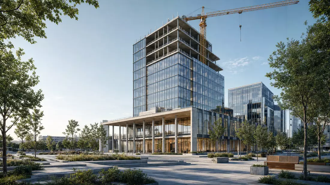 3D-Architekturvisualisierung eines modernen Büroturms mit Grünflächen