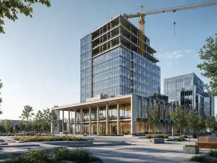 Architektur-Render eines modernen Bürohochhauses symbolisiert die aktive Projektentwicklung von Fabege AB (ISIN SE0011166974) heute - Foto: THN