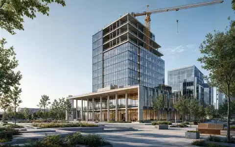 Architektur-Render eines modernen Bürohochhauses symbolisiert die aktive Projektentwicklung von Fabege AB (ISIN SE0011166974) heute - Foto: THN