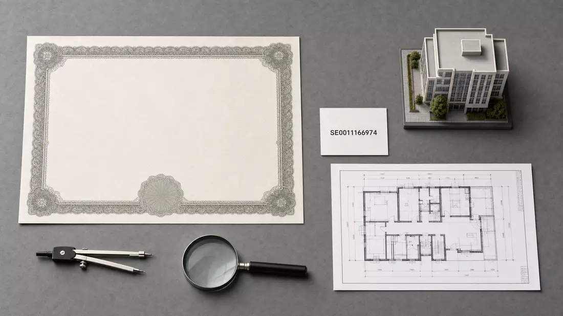 Flatlay mit Aktienzertifikat, ISIN-Karte, Bauplan und Miniaturgebäudemodell