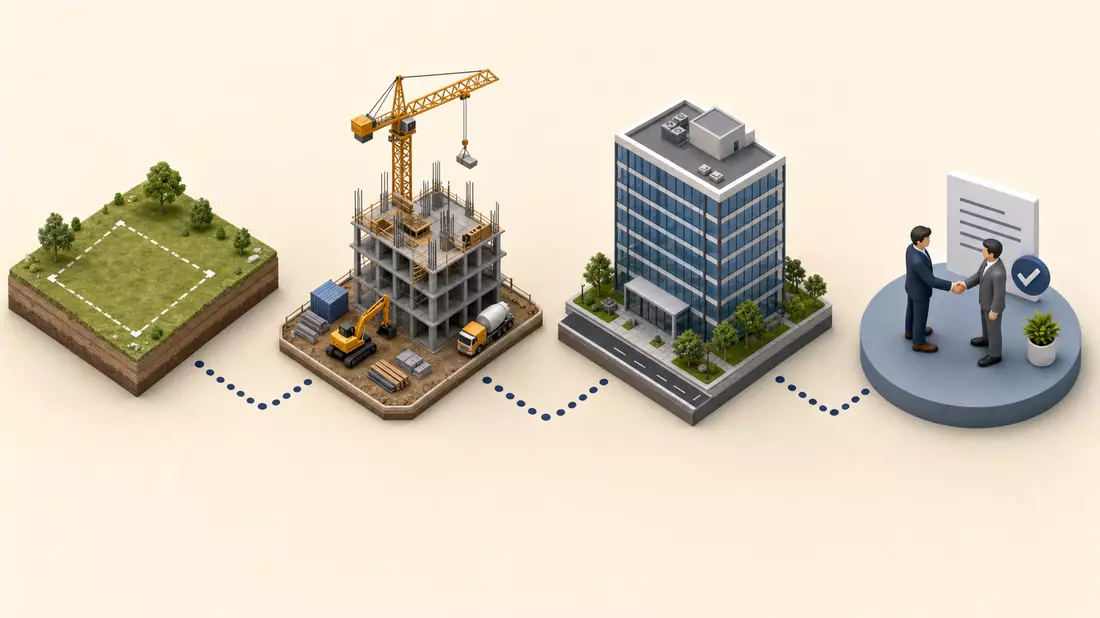 Isometrische 3D-Illustration einer Immobilien-Wertschöpfungskette von Grundstück bis Vermietung