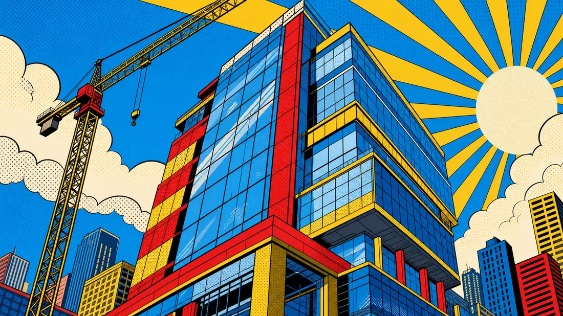 Pop-Art-Comic-Illustration eines Büroturms mit Baukran und leuchtenden Farben