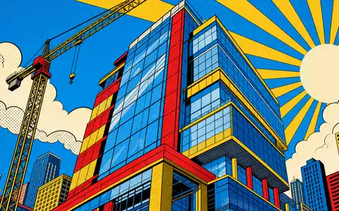 Pop-Art-Comic-Szene mit Bürogebäude und Baukran symbolisiert das Wachstum von Fabege AB (SE0011166974) - Foto: THN