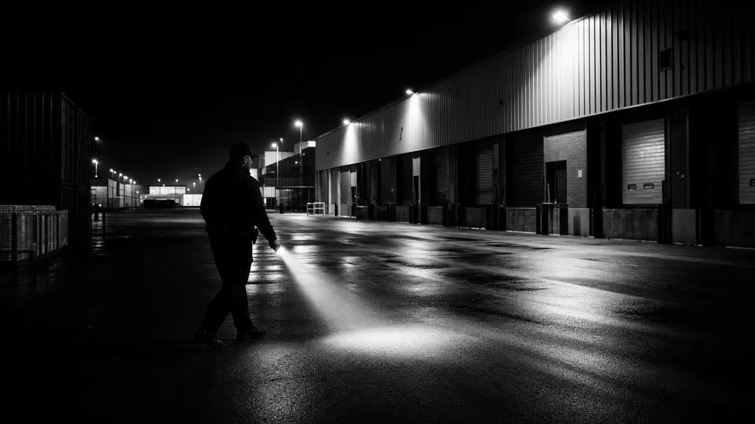 Schwarzweiß-Reportagefoto eines Wachmanns mit Taschenlampe im nächtlichen Industriegelände