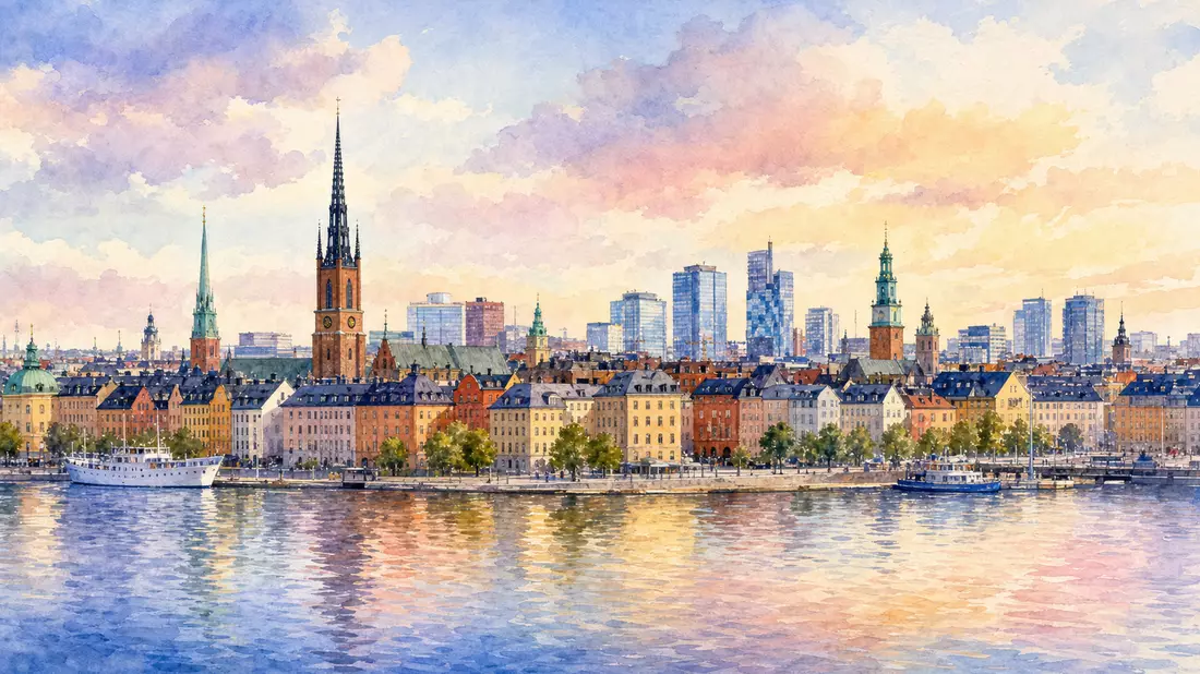 Aquarellmalerei der Stockholmer Altstadt-Skyline mit Türmen und Wasser bei Sonnenuntergang