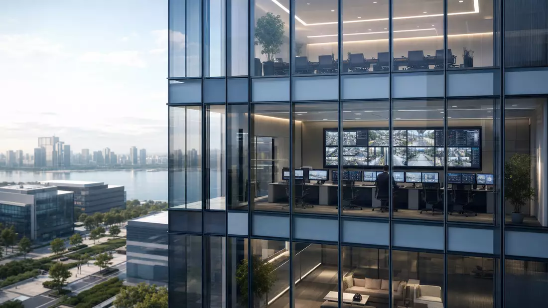 Architektur-Render eines Bürohochhauses mit sichtbarem Sicherheits-Kontrollraum und Monitoren