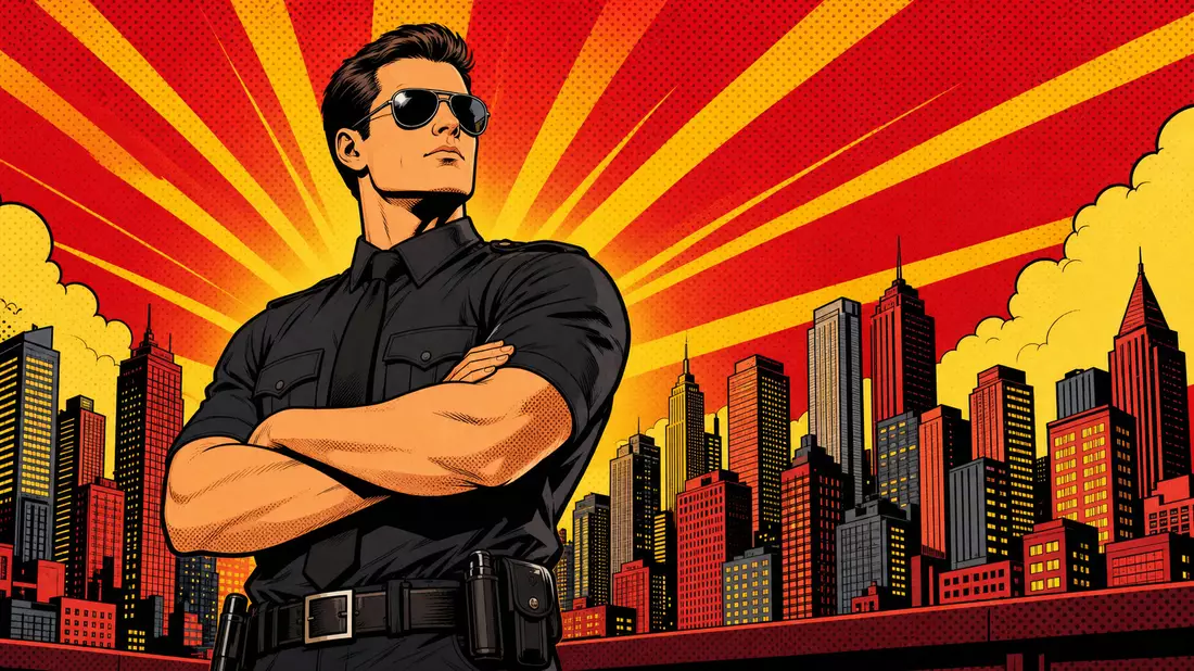 Pop-Art-Comic-Illustration eines selbstbewussten Sicherheitsmannes vor stilisierter Skyline