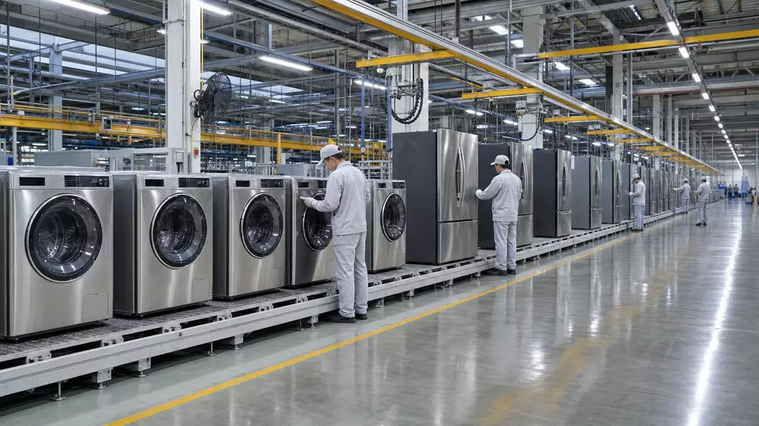 Fotorealistische Produktionslinie für Haushaltsgeräte in moderner Fabrikhalle