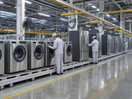 Electrolux AB (ISIN SE0016589188) zeigt fotorealistisch eine moderne Hausgeräte-Fabrikhalle mit blitzenden Edelstahl-Waschmaschinen in laufender Serienproduktion - Foto: THN