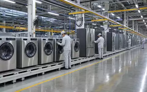 Electrolux AB (ISIN SE0016589188) zeigt fotorealistisch eine moderne Hausgeräte-Fabrikhalle mit blitzenden Edelstahl-Waschmaschinen in laufender Serienproduktion - Foto: THN