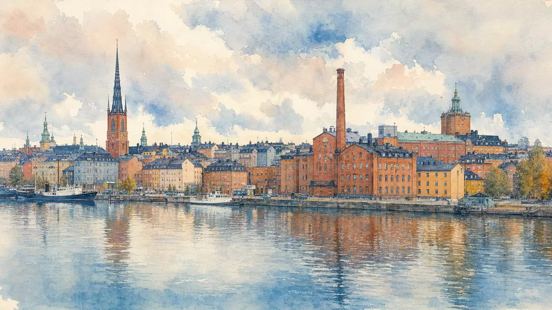 Aquarellmalerei der Stockholmer Skyline mit Industriegebäuden