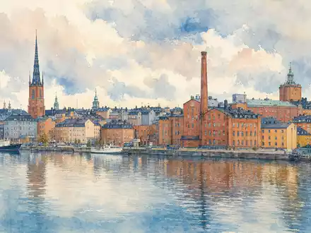 Electrolux AB (ISIN SE0016589188) als Aquarell-Illustration zeigt die Stockholmer Skyline mit historischen Industriegebäuden am Wasser - Foto: THN