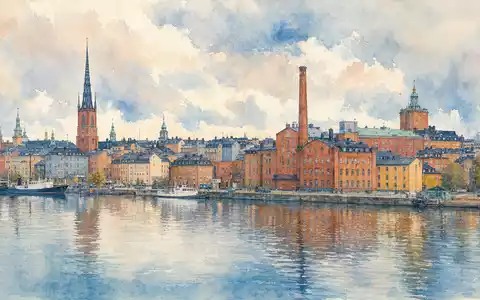 Electrolux AB (ISIN SE0016589188) als Aquarell-Illustration zeigt die Stockholmer Skyline mit historischen Industriegebäuden am Wasser - Foto: THN