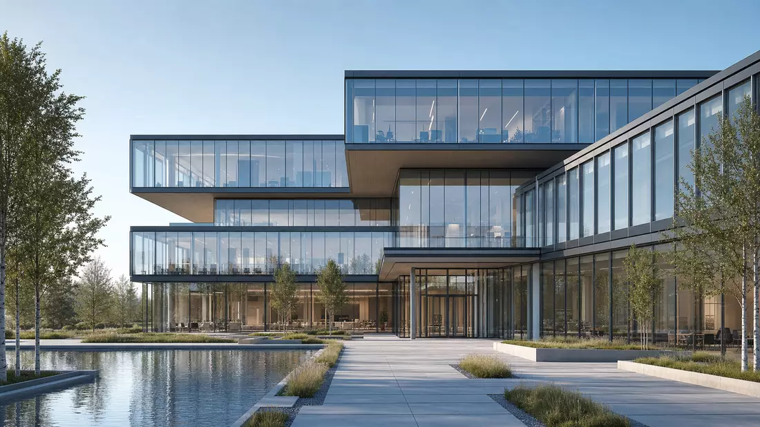 Architektur-Render eines modernen Bürogebäudes mit Glasfassade
