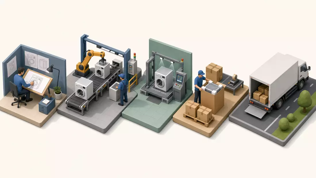 Isometrische 3D-Illustration der Wertschöpfungskette von Haushaltsgeräten