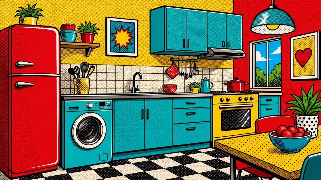 Pop-Art-Comic-Illustration einer bunten Küche mit Haushaltsgeräten