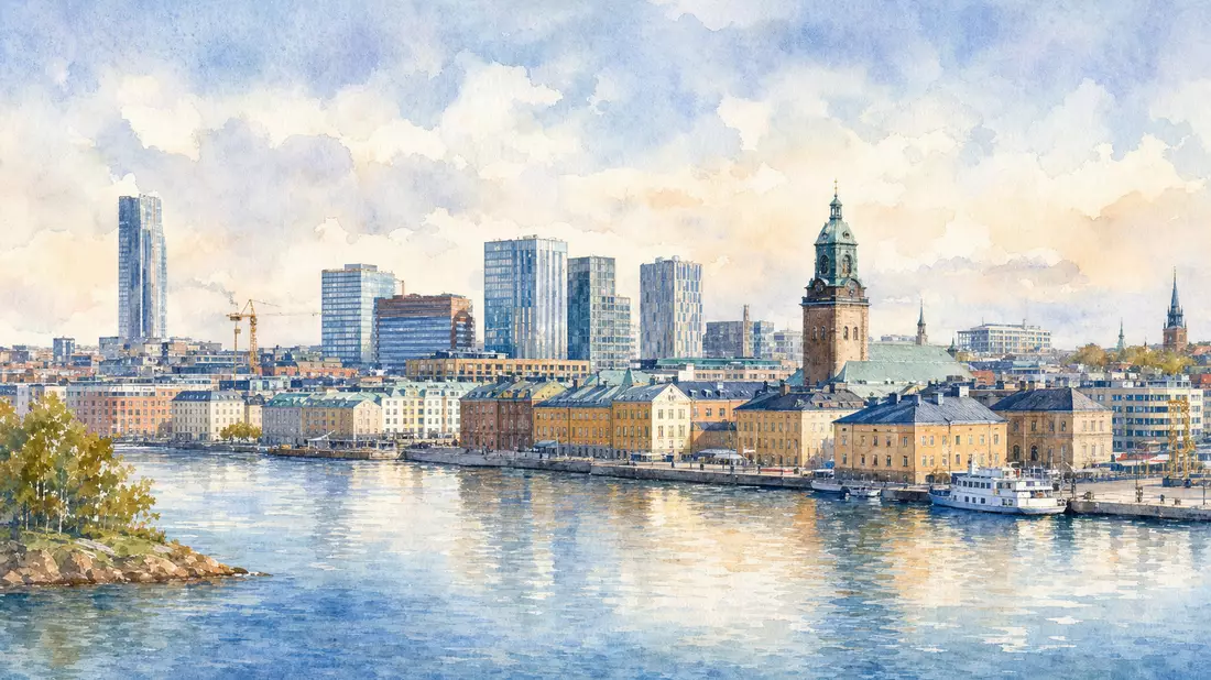 Aquarellmalerei einer nordischen Stadtsilhouette mit Bürotürmen am Wasser