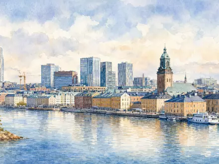 Castellum AB (SE0021921319) ist im Immobiliensektor tätig, hier dargestellt als malerische Aquarell-Ansicht einer nordischen Hafenstadt - Foto: THN