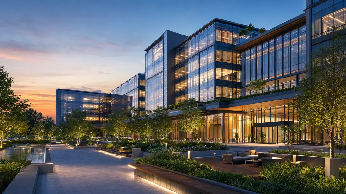 Architektur-Render eines nachhaltigen Bürokomplexes mit Glasfassade zur Abenddämmerung
