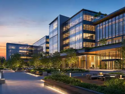 Castellum AB (SE0021921319) investiert in nachhaltige Bürokomplexe, visualisiert durch diesen zeitgenössischen Architektur-Render bei Abenddämmerung - Foto: THN