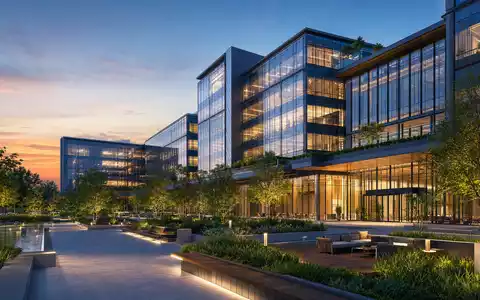 Castellum AB (SE0021921319) investiert in nachhaltige Bürokomplexe, visualisiert durch diesen zeitgenössischen Architektur-Render bei Abenddämmerung - Foto: THN