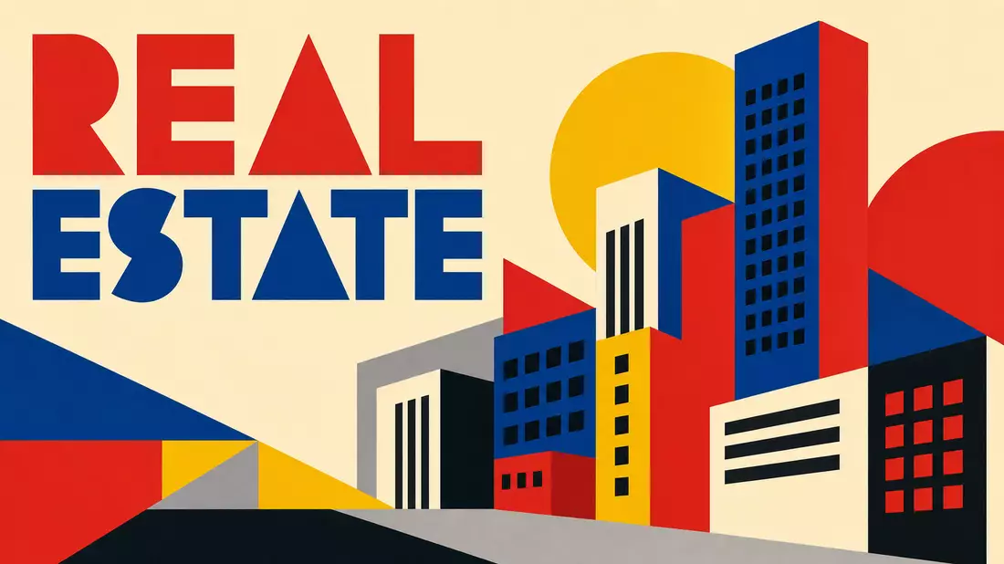 Geometrisches Bauhaus-Poster mit stilisierten Gebäuden und Schriftzug Real Estate
