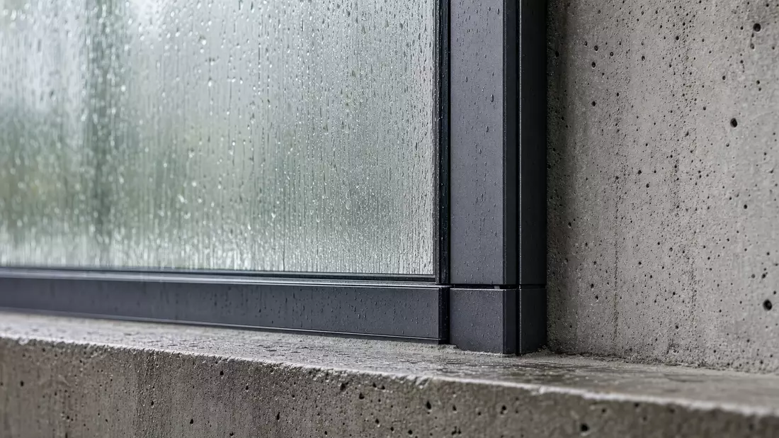 Makroaufnahme einer Glasfassade mit Regentropfen und Betondetail