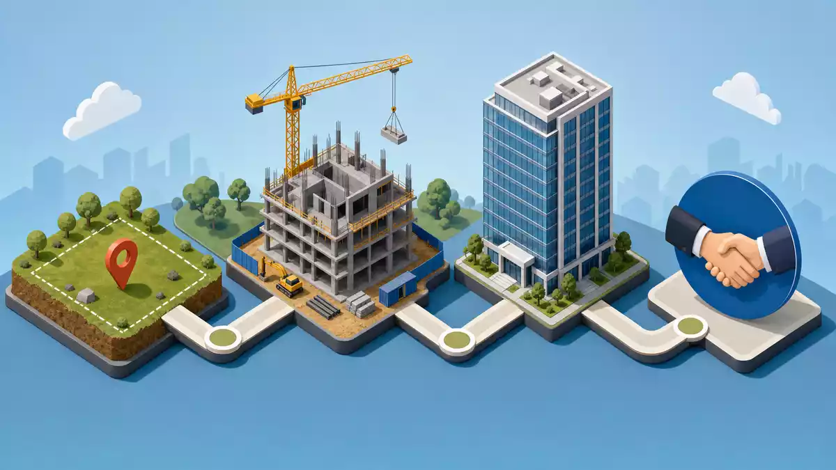 Isometrische 3D-Illustration der Wertschöpfungskette von Grundstück bis Vermietung