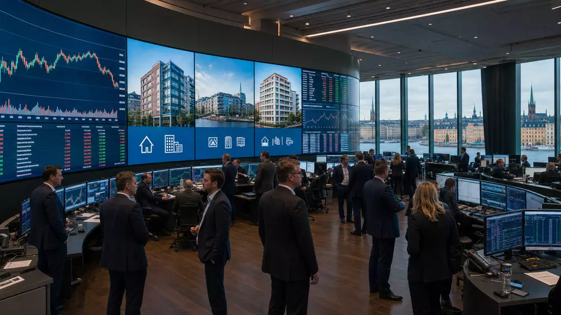 Editorial-Aufnahme eines Handelsraums mit Bildschirmen und Immobiliensektor-Charts in Stockholm