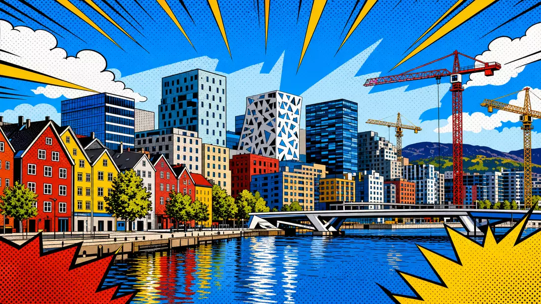 Pop-Art-Comic mit farbenfroher nordischer Stadt, Bürotürmen und Baukränen