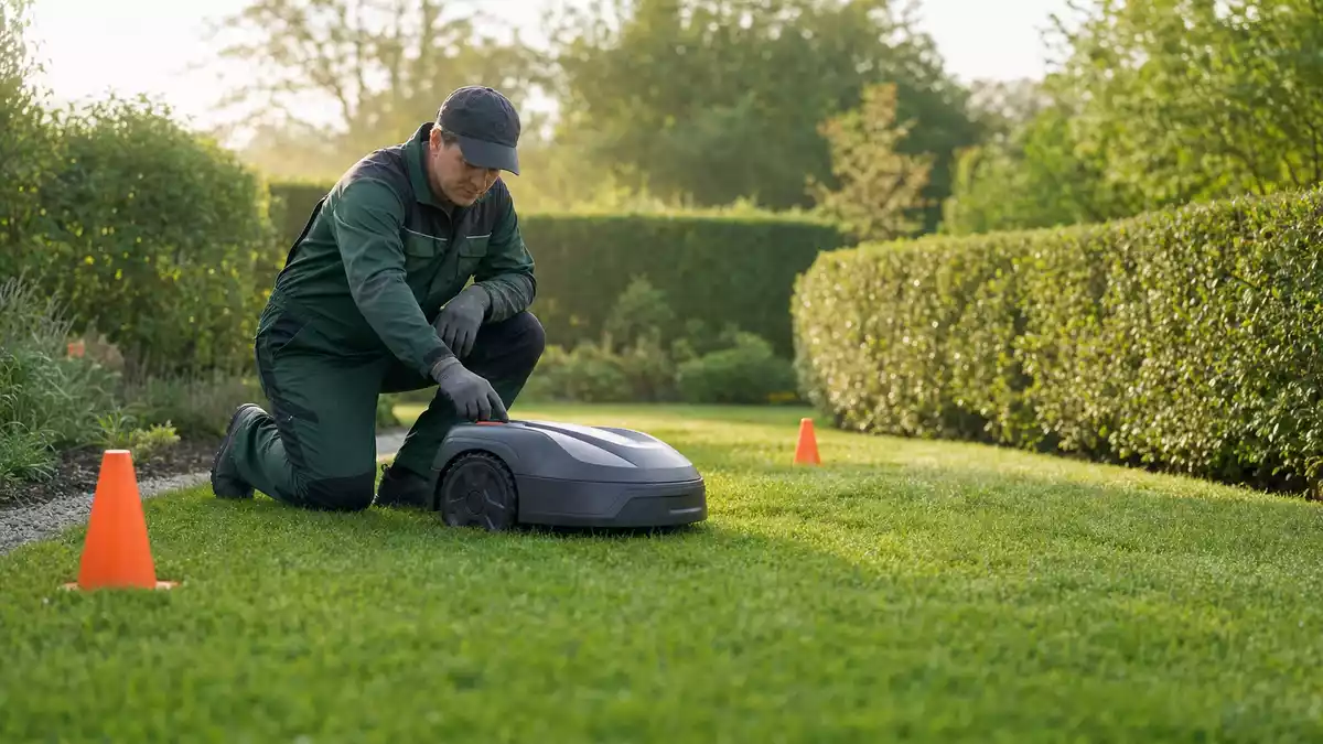 Gärtner installiert unbrandeten Rasenroboter auf grünem Rasen im Vorgarten