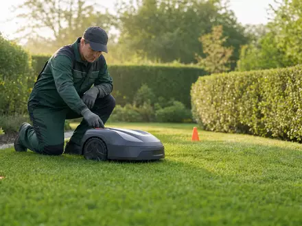 Husqvarna AB (SE0001662230) zeigt fotorealistisch einen Gärtner mit unbrandetem Rasenroboter auf gepflegtem Rasen - Foto: THN