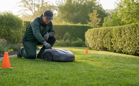 Husqvarna AB (SE0001662230) zeigt fotorealistisch einen Gärtner mit unbrandetem Rasenroboter auf gepflegtem Rasen - Foto: THN