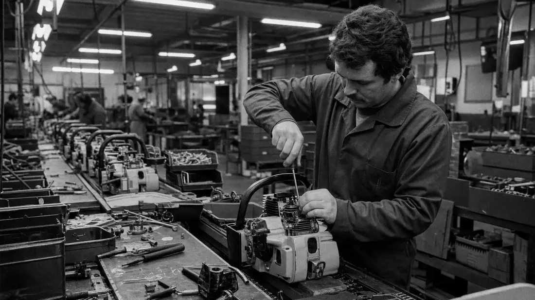 Schwarzweiß-Reportagefoto eines Arbeiters an Fließband mit Motorsägenmotor