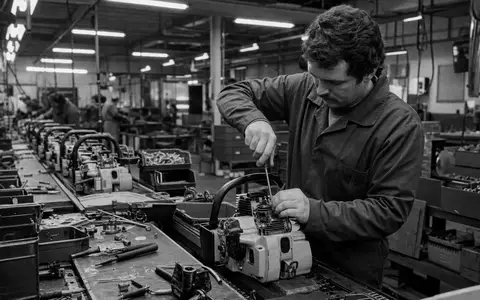 Husqvarna AB (SE0001662230) dokumentiert schwarzweiß einen Arbeiter bei Montage eines unbrandeten Motorsägenmotors in Fabrikhalle - Foto: THN
