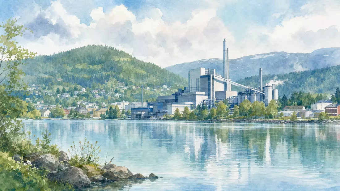Aquarellmalerei einer schwedischen Industriestadt am See mit Wäldern