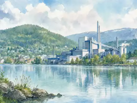 Husqvarna AB (SE0001662230) präsentiert Aquarell-Landschaft mit schwedischer Industriestadt am See vor grünen bewaldeten Hügeln - Foto: THN