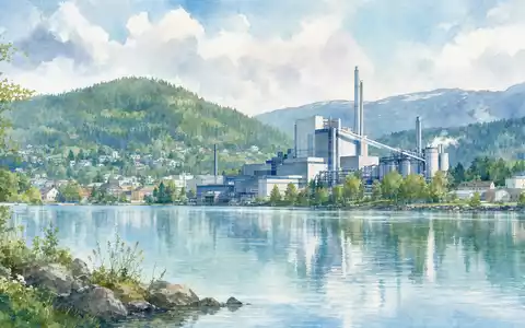 Husqvarna AB (SE0001662230) präsentiert Aquarell-Landschaft mit schwedischer Industriestadt am See vor grünen bewaldeten Hügeln - Foto: THN