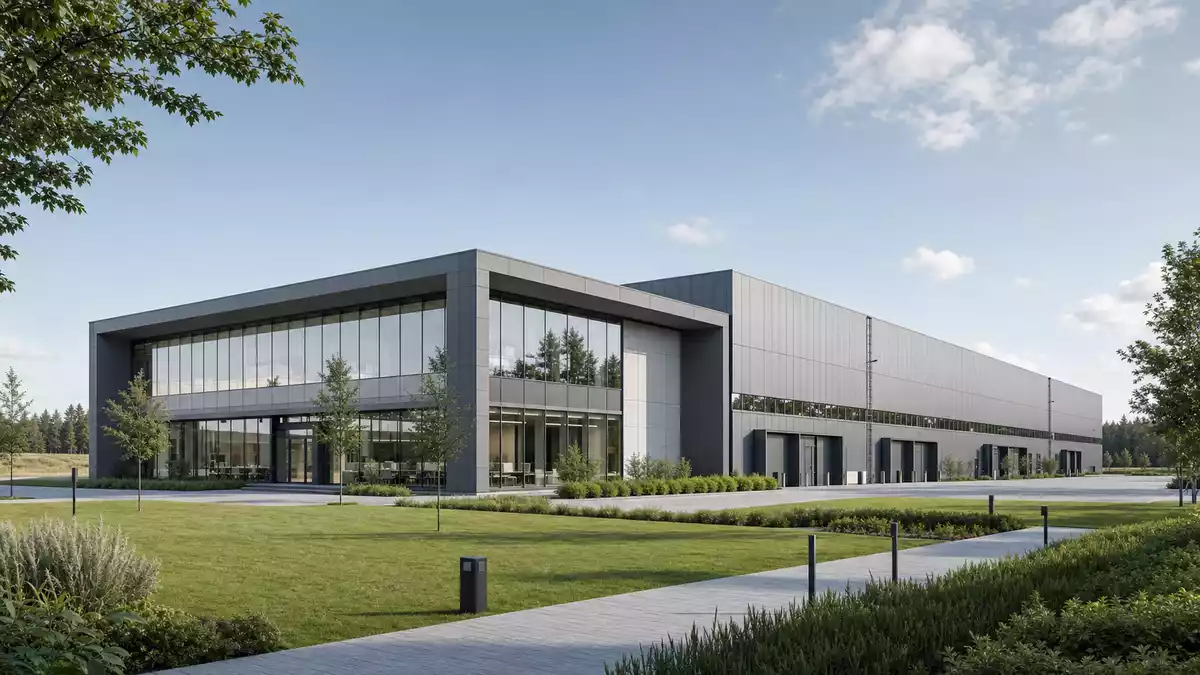 Architektonisches Render einer modernen Industrieanlage mit Glasfassade und Rasenflächen