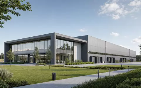 Husqvarna AB (SE0001662230) illustriert Architektur-Render einer modernen Fabrikanlage mit Glasfassade und gepflegter grüner Landschaftsgestaltung - Foto: THN