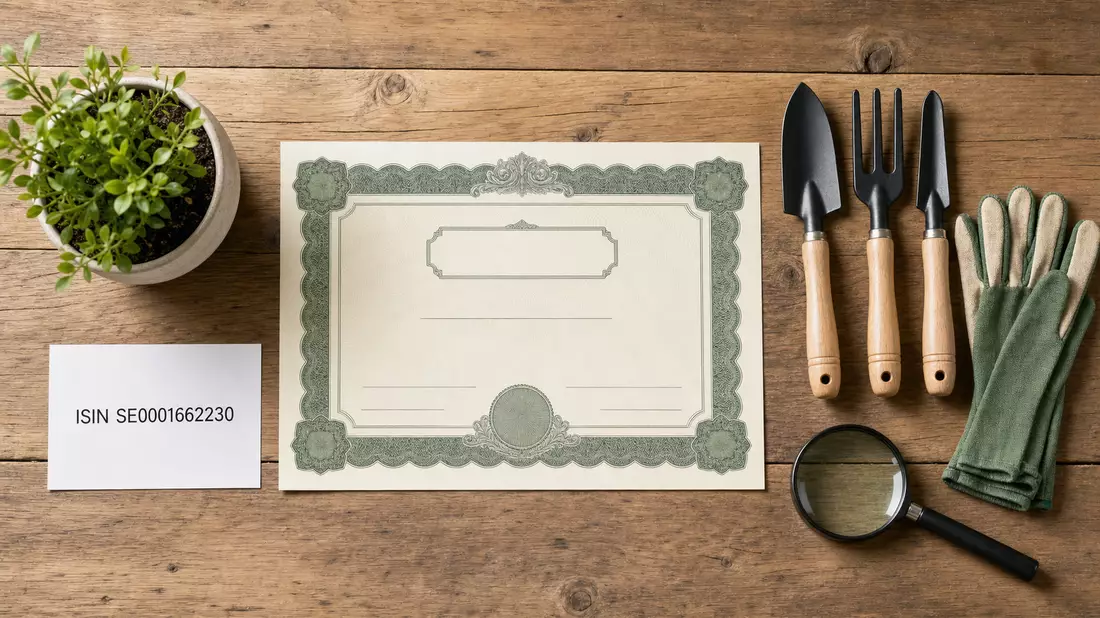 Flatlay-Anordnung mit Aktienzertifikat, ISIN-Karte und Gartenwerkzeugen auf Holztisch