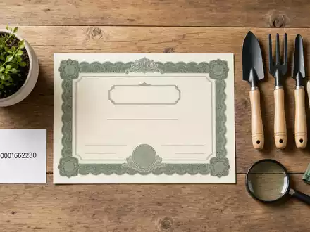 Husqvarna AB (SE0001662230) zeigt Flatlay mit Aktienzertifikat, ISIN-Karte, Gartenhandwerkzeugen und Handschuhen auf Holztisch - Foto: THN