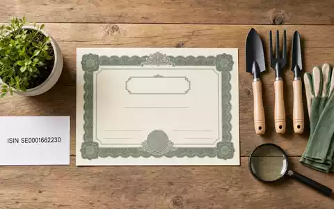 Husqvarna AB (SE0001662230) zeigt Flatlay mit Aktienzertifikat, ISIN-Karte, Gartenhandwerkzeugen und Handschuhen auf Holztisch - Foto: THN