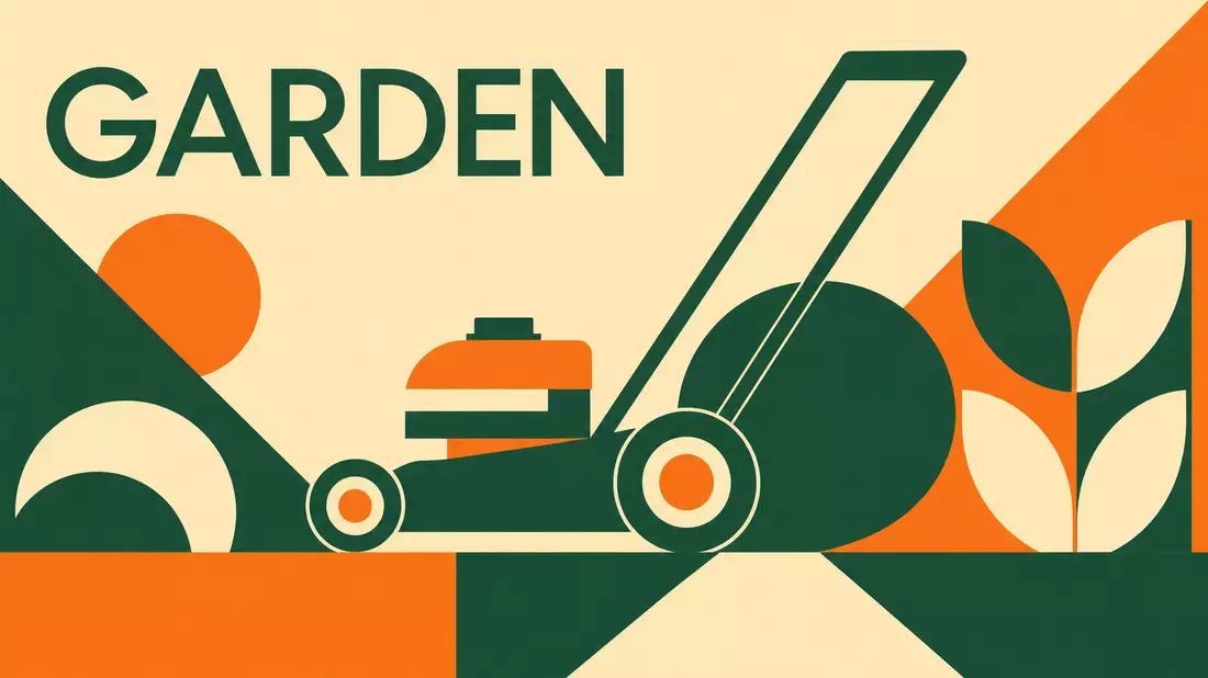Bauhaus-Poster mit geometrischem Rasenmäher-Motiv und Schriftzug GARDEN
