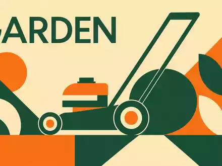Husqvarna AB (SE0001662230) inspiriert geometrisches Bauhaus-Poster mit stilisiertem Rasenmäher-Symbol und Schriftzug GARDEN in kräftigen Farben - Foto: THN
