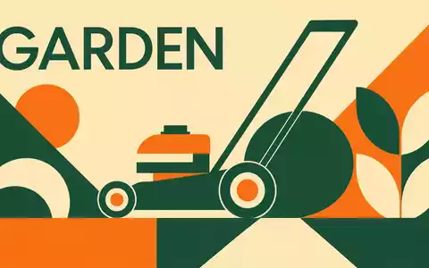 Husqvarna AB (SE0001662230) inspiriert geometrisches Bauhaus-Poster mit stilisiertem Rasenmäher-Symbol und Schriftzug GARDEN in kräftigen Farben - Foto: THN