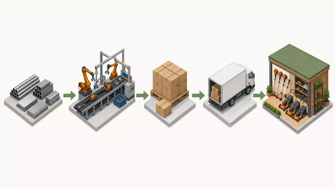 Isometrisches 3D-Diagramm zeigt Wertschöpfungskette der Gartengeräteproduktion