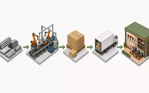 Husqvarna AB (SE0001662230) veranschaulicht isometrisches 3D-Diagramm der Wertschöpfungskette von Rohmaterial bis fertigem GartengerÀt im FachgeschÀft - Foto: THN